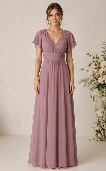 Mauve V-Neck Flutter Sleeve Chiffon A-Line Bridesmaid Dress
