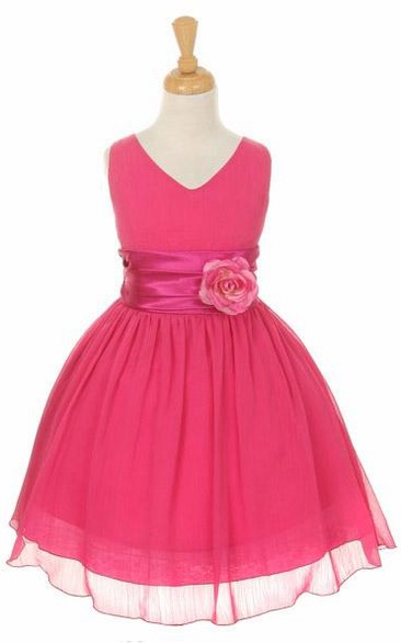 V-Neck Knee-Length Tiered Chiffon&Satin Flower Girl Dress