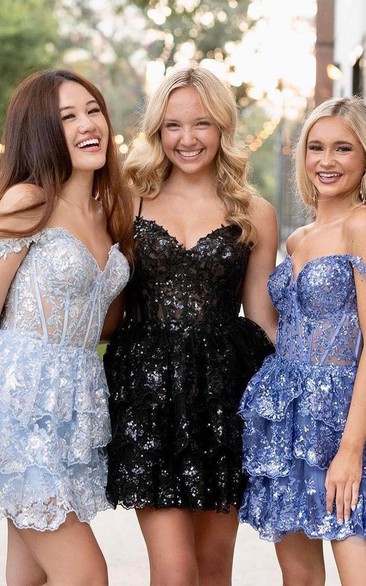 Blue Off-the-Shoulder Short Dress with Lace