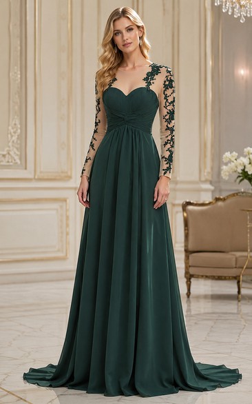 Dark Green Sweetheart Illusion Long Sleeve Chiffon Prom Dress