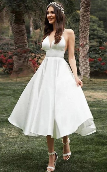 Spaghetti Empire A-line Tea-length Satin Simple Wedding Dress
