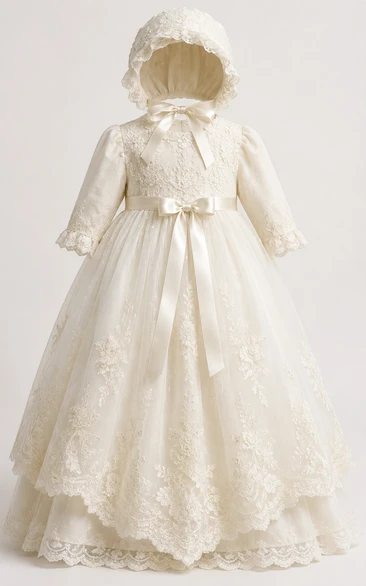 Baby Christening Gown Vintage Modest Princess Ball Gown Long Sleeve Illusion Tulle Lace Floor-Length with Bonnet in Ivory