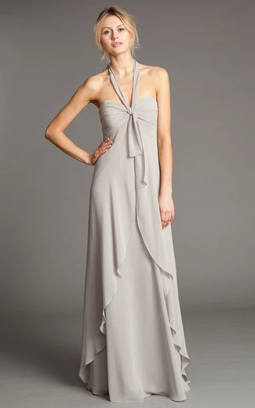 Sleeveless Halter Floor-Length Chiffon Bridesmaid Dress With Draping And Straps