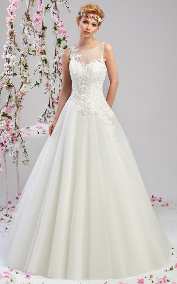 A-Line Sleeveless Appliqued Maxi Scoop-Neck Tulle&Satin Wedding Dress