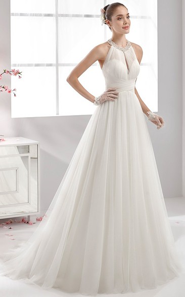 High-Neck Strapless Wedding Dress With Bandage Waist and Pleated Tulle Skirt