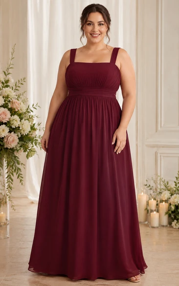 Plus Size Burgundy Square Neck A-Line Chiffon Bridesmaid Dress