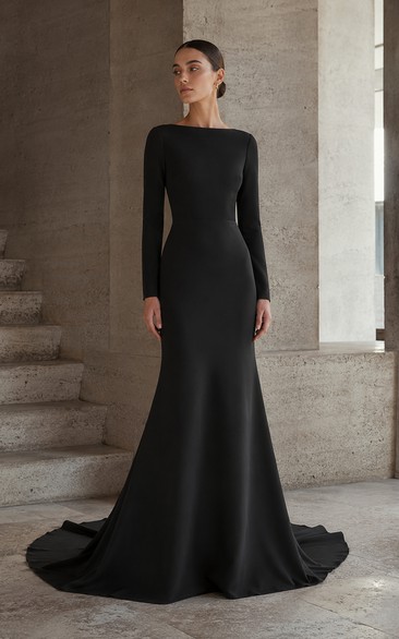 Black Bateau Long Sleeve Crepe Mermaid Wedding Dress
