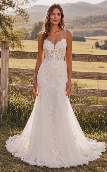 Spaghetti Strap Mermaid Lace Country Wedding Dress with Low Back and Chapel Train