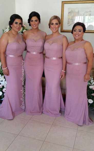 Modern One Shoulder Mermaid Purple Bridesmaid Dress Sweep Train