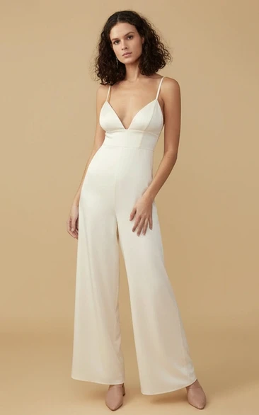Deep V Strapless Wide Leg Wedding Jumpsuit