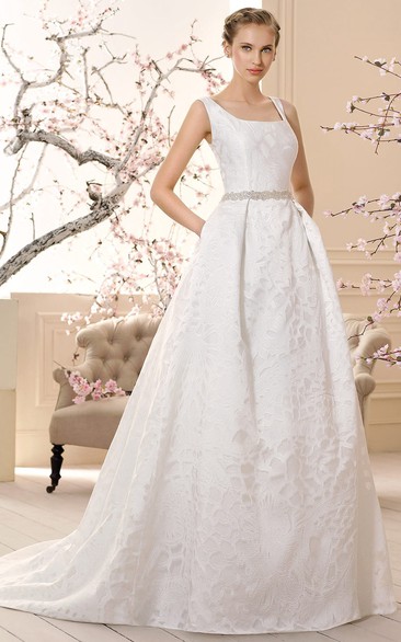 A-Line Sleeveless Floor-Length Square-Neck Jeweled Wedding Dress
