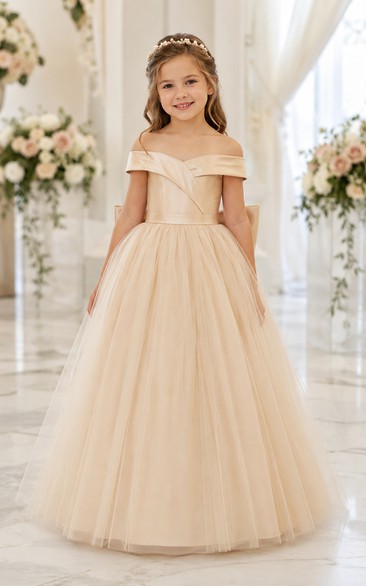 Champagne Ball Gown Satin Flower Girl Dress with Bow Sash
