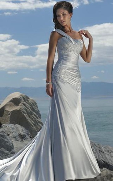 Mermaid One Shoulder Sweep Train Elastic Woven Satin Beach Wedding Dress