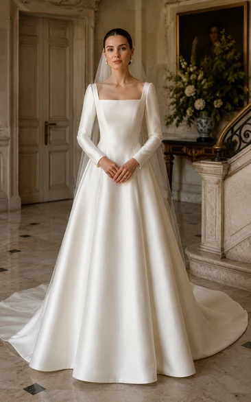 White Satin Square Neck Long Sleeve Vintage Ball Gown