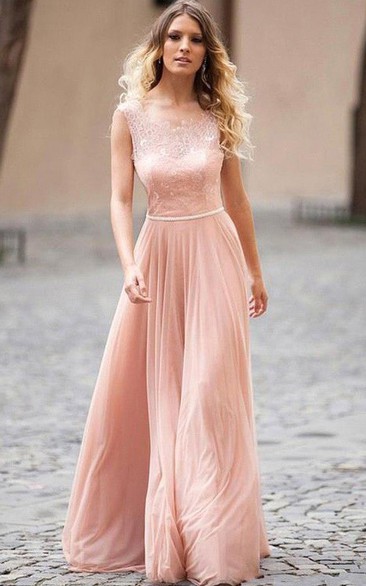 Chiffon Floor-length A Line Sleeveless Modest Prom Dress with Beading