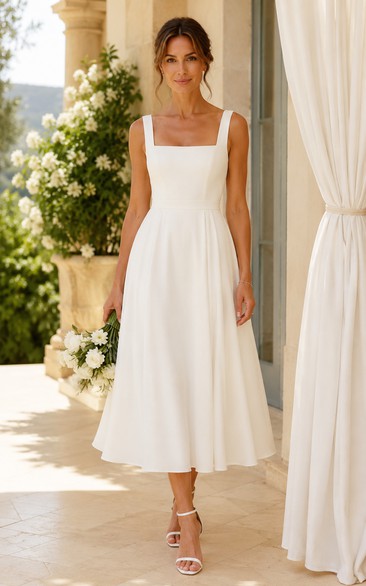 Ivory Tea-length Square Chiffon A-line Wedding Dress with Pleats