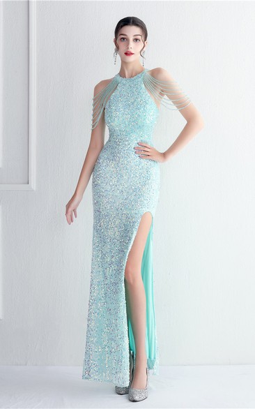 Heavy-Duty Glass Bead Craft Beaded Banquet Evening Dress Temperament Elegant Long Halter Neck Slit Sequins