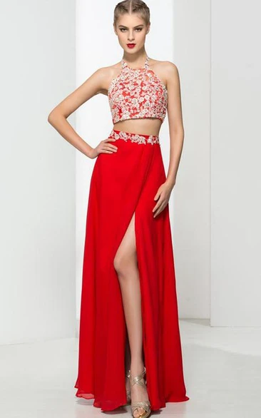 Halter Two Pieces Appliques Sequins Prom Dress