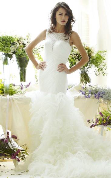 Trumpet Scoop Sleeveless Long Ruffled Tulle Wedding Dress With Illusion Back And Ruching