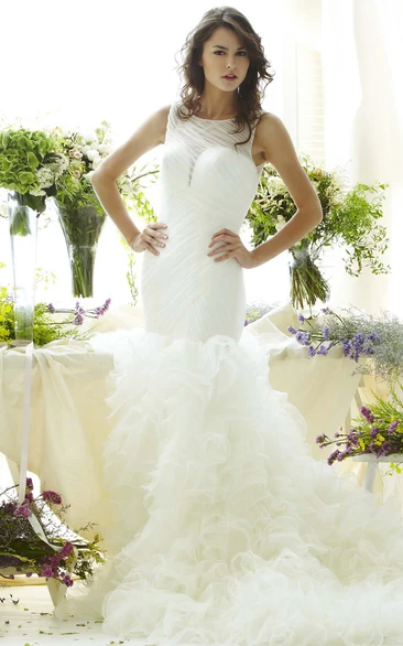 Trumpet Scoop Sleeveless Long Ruffled Tulle Wedding Dress With Illusion Back And Ruching