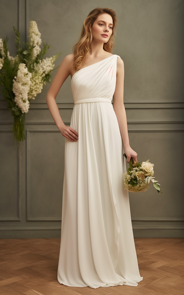 One-shoulder Chiffon Asymmetrical Empire Ruched Sweep Train Wedding Dress