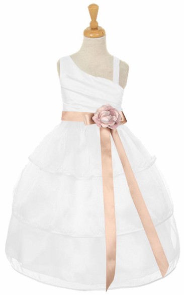 One-Shoulder Tea-Length Tiered Organza Flower Girl Dress
