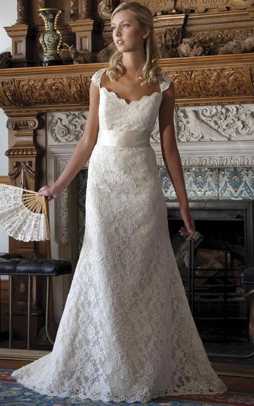V-Neck Cap-Sleeve Lace Wedding Dress With Ribbon