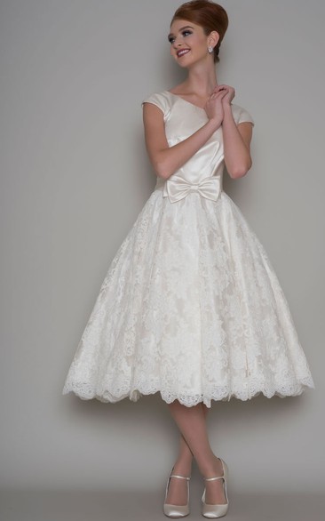 A-Line Tea-Length Appliqued Cap Sleeve Scoop Neck Satin Short Wedding Dress