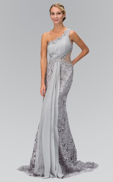 Sheath Floor-Length One-Shoulder Sleeveless Lace Dress With Ruching