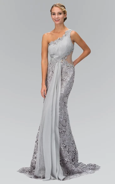 Sheath Floor-Length One-Shoulder Sleeveless Lace Dress With Ruching