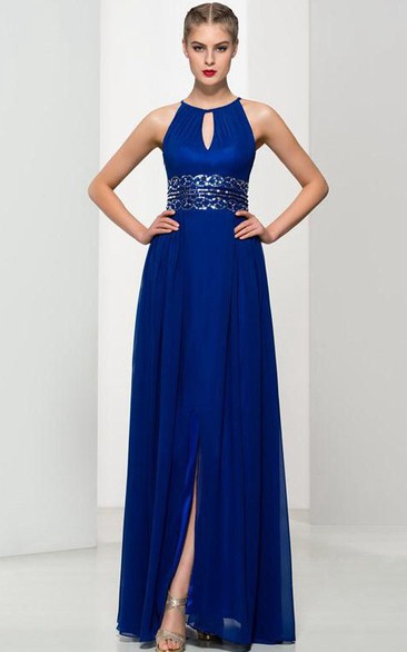 A-Line Keyhole Neck Sequins Split-Front Long Prom Dress