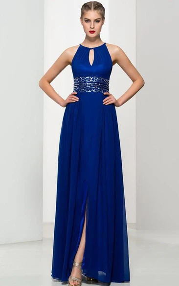A-Line Keyhole Neck Sequins Split-Front Long Prom Dress