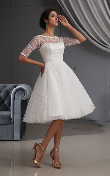 Half-Sleeve Illusion Knee-Length Short Dress With Lace and Dot - Dorris ...