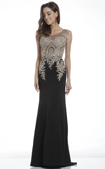 Sheath Scoop-Neck Sleeveless Jersey Illusion Dress With Beading