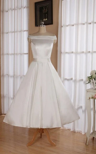 Sleeveless Tea-Length Satin Short Wedding Dress With Sash And Off-The-Shoulder Neck