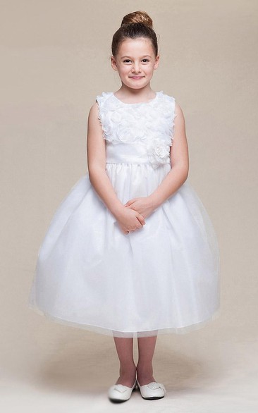 Tea-Length Floral Tiered Empire Tulle Flower Girl Dress With Embroidery
