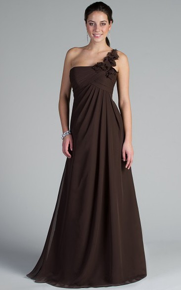 Floral Single Strap A-Line Chiffon Long Bridesmaid Dress Empire Waist
