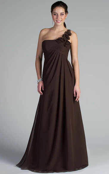 Floral Single Strap A-Line Chiffon Long Bridesmaid Dress Empire Waist