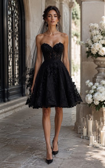 Black Strapless Lace Short Wedding Dress