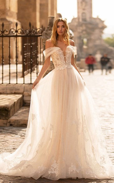 Tulle Off-the-shoulder Notched Empire Pleated A-line Wedding Dress
