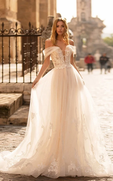 Tulle Off-the-shoulder Notched Empire Pleated A-line Wedding Dress