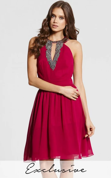 A-Line Mini Scoop Neck Sleeveless Beaded Chiffon Bridesmaid Dress