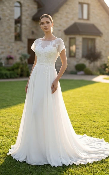 Cap Sleeve Chiffon A-Line Gown with Deep-V Back