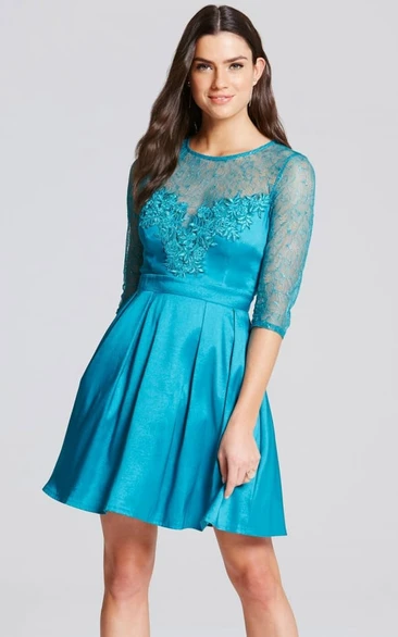 Short Illusion Sleeve Appliqued Scoop Neck Satin Bridesmaid Dress With Keyhole