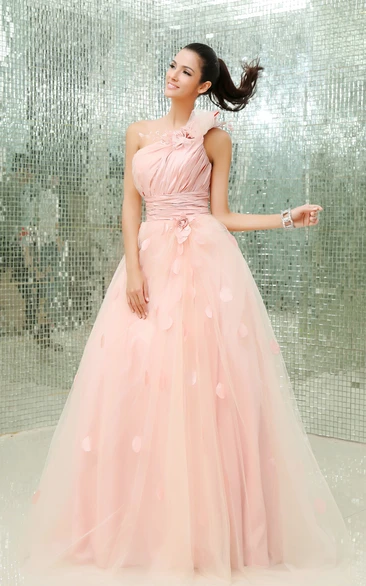 One-Shoulder A-Line Floral Ball Gown With Tulle Overlay