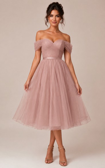 Blush Off-the-Shoulder Tulle Tea-length A-Line Bridesmaid Dress
