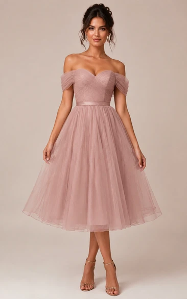 Blush Off-the-Shoulder Tulle Tea-length A-Line Bridesmaid Dress