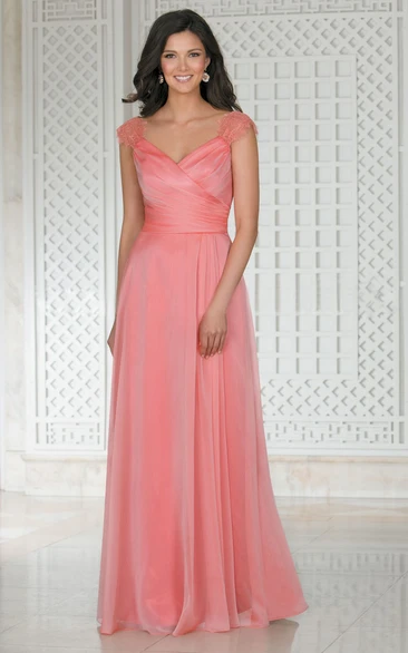 Cap-Sleeved A-Line Gown With Draping And Pleats