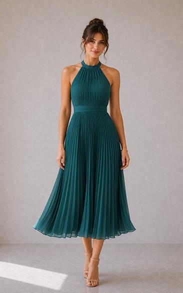 Peacock Pleated Halter Chiffon Tea-Length A-Line Dress