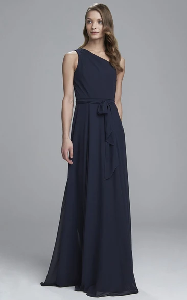 A-Line Sleeveless Bowed Floor-Length One-Shoulder Chiffon Bridesmaid Dress